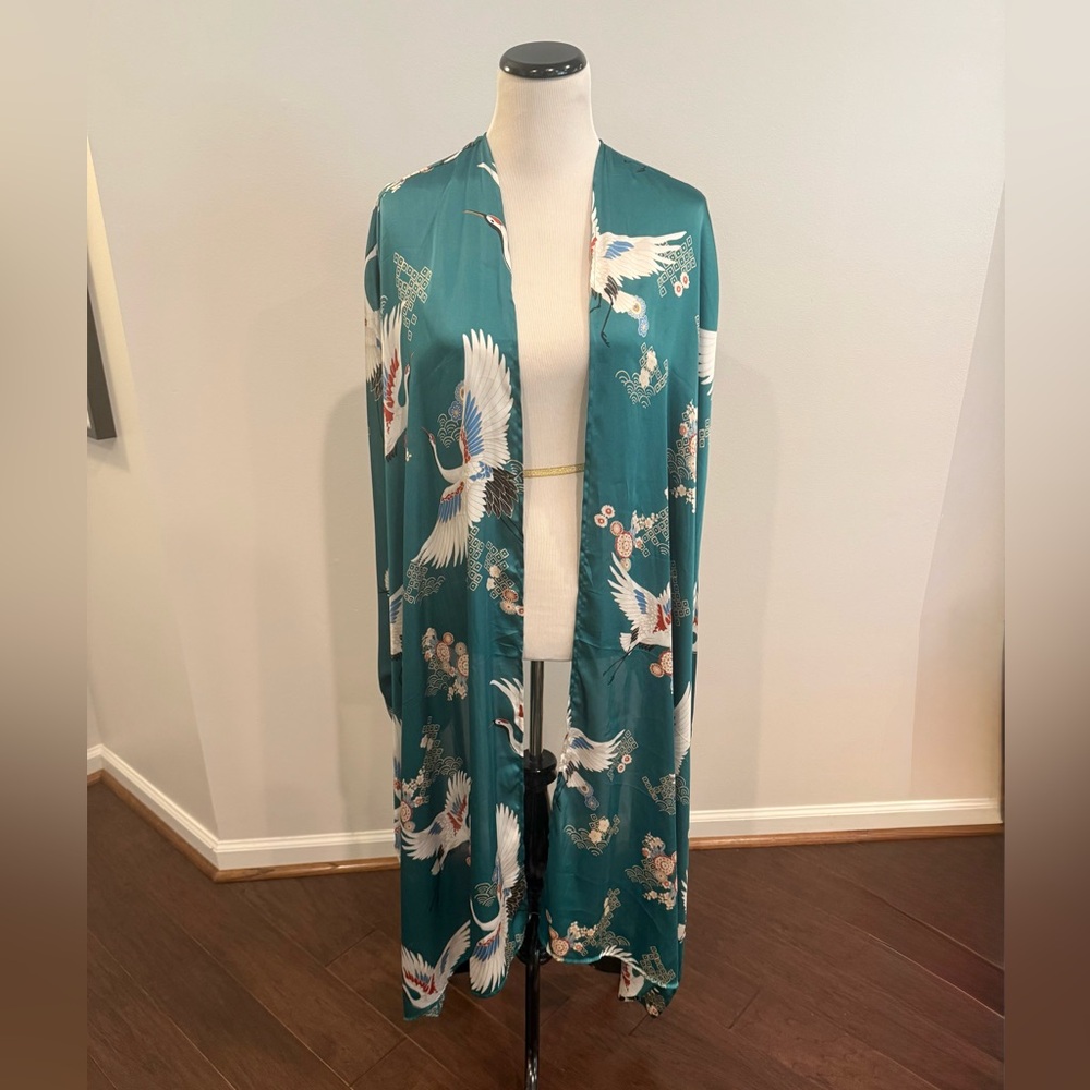 Teal Asian Print Satin Kimono Duster